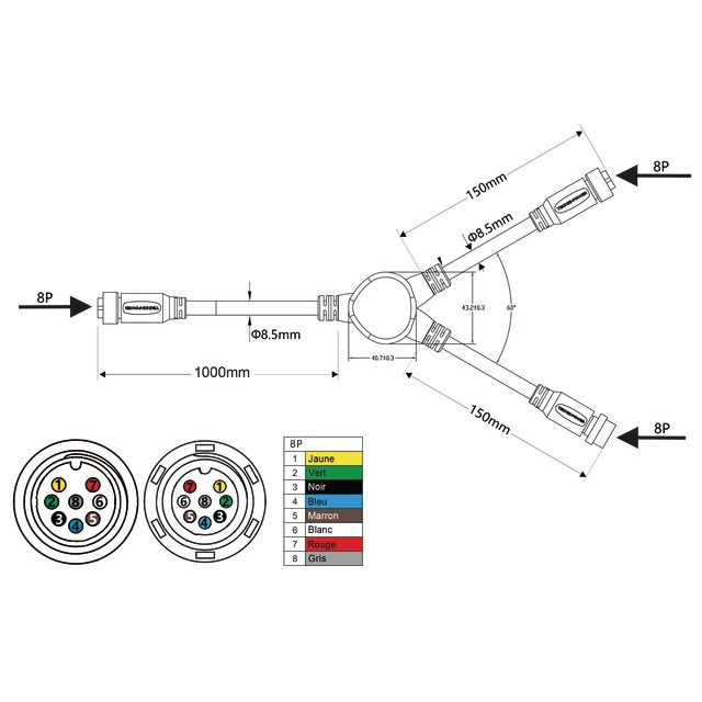 Cable de Liaison "Y" FEMELLE/MALE-FEMELLE 8 PIN 1M Techni-power référence fournisseur 1216611